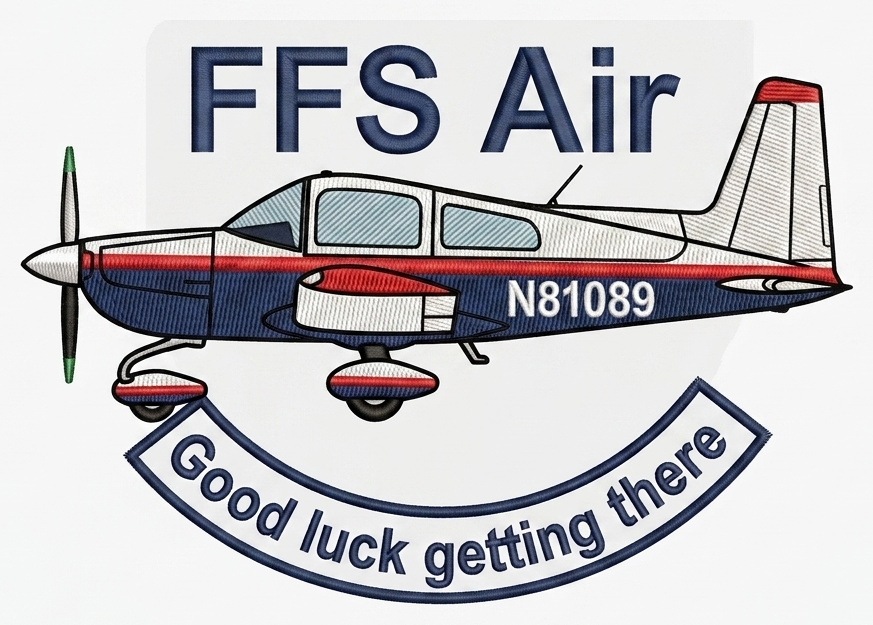 FFS Air logo: a 1977 Grumman Tiger, tail number N81089, with the tagline Good luck getting there